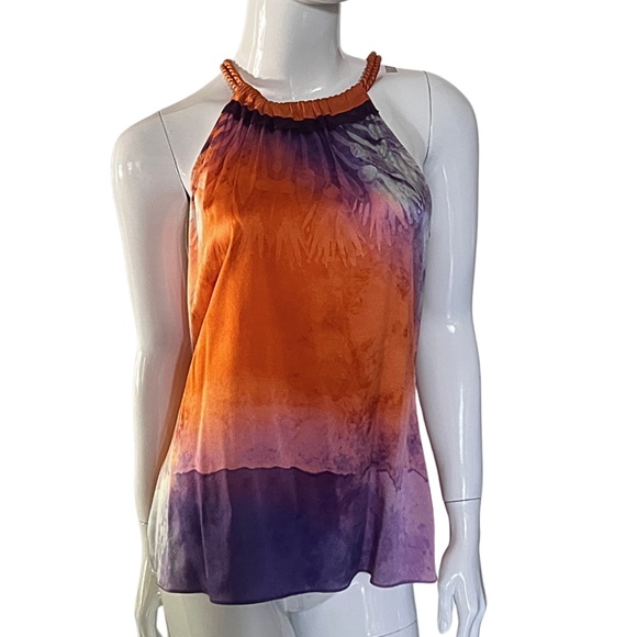 Never Worn! Elie Tahari Copper & Violet Silk Halter Tie Neck Blouse - Medium - Picture 12 of 15